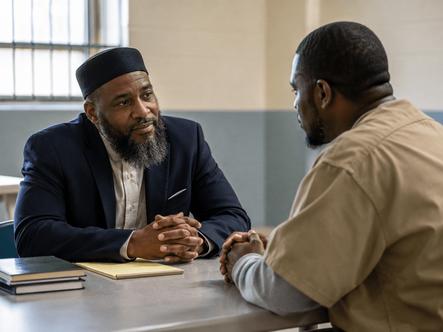 Muslim chaplain providing spiritual support in a prison setting