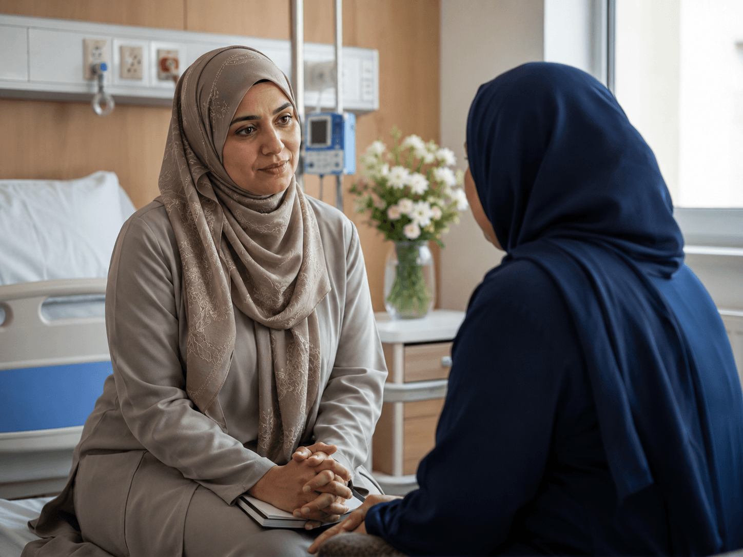 Muslim chaplain supporting a Muslim patient in a hospital room